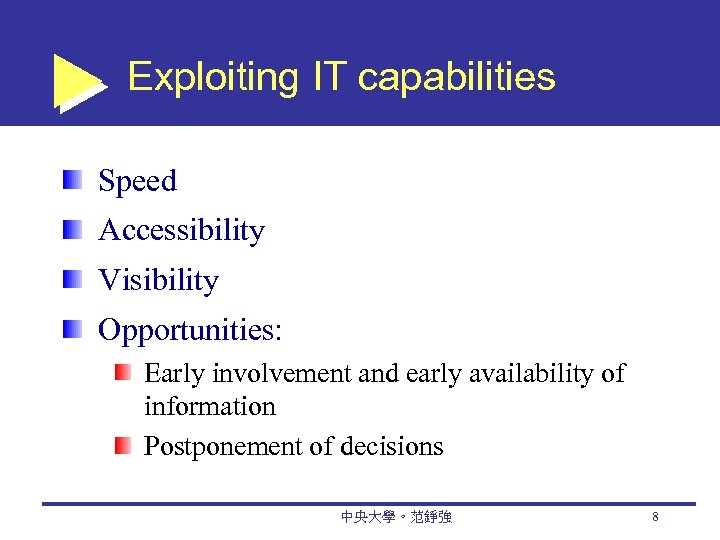 Exploiting IT capabilities Speed Accessibility Visibility Opportunities: Early involvement and early availability of information