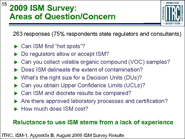 15 2009 ISM Survey: Areas of Question/Concern 263 responses (75% respondents state regulators and