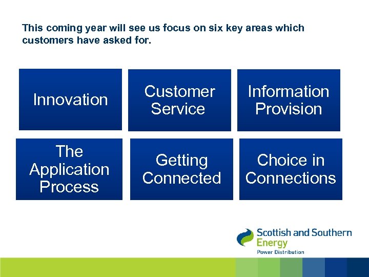 This coming year will see us focus on six key areas which customers have