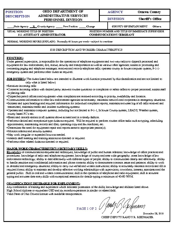 OHIO DEPARTMENT OF ADMINISTRATIVE SERVICES PERSONNEL DIVISION POSITION