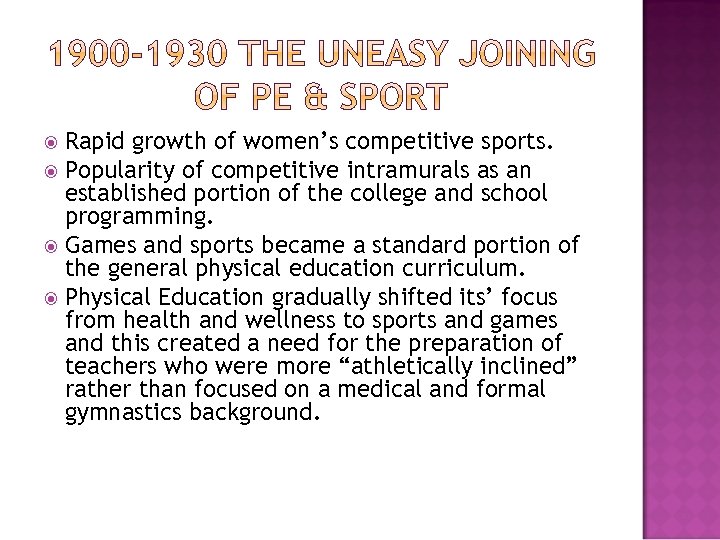 Rapid growth of women’s competitive sports. Popularity of competitive intramurals as an established portion