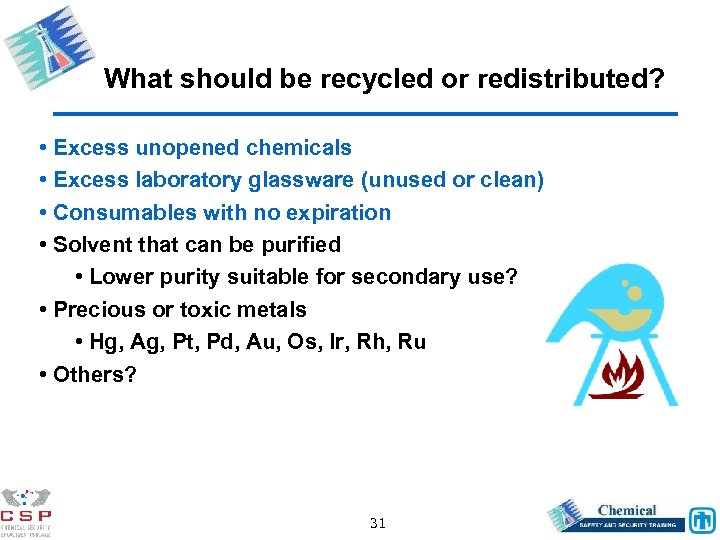 What should be recycled or redistributed? • Excess unopened chemicals • Excess laboratory glassware