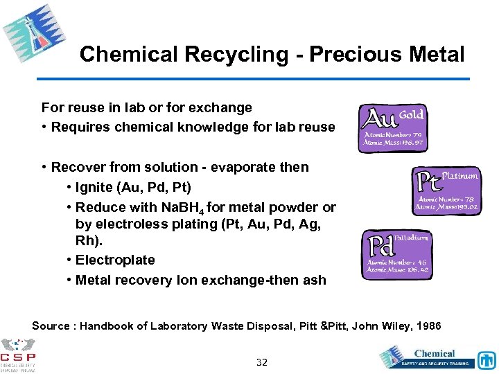 Chemical Recycling - Precious Metal For reuse in lab or for exchange • Requires