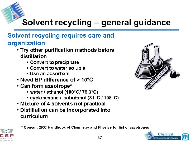 Solvent recycling – general guidance Solvent recycling requires care and organization • Try other