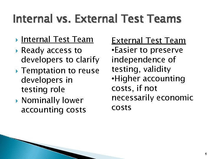 Internal vs. External Test Teams Internal Test Team Ready access to developers to clarify