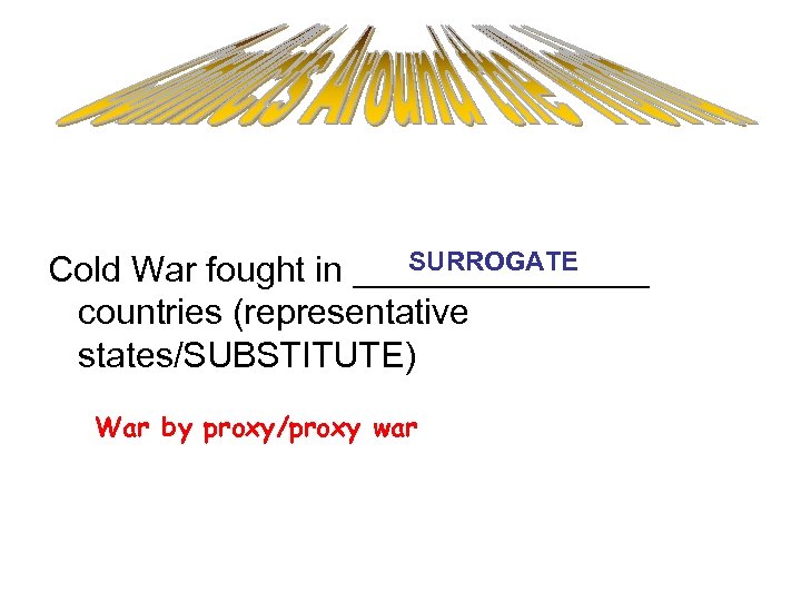 SURROGATE Cold War fought in ________ countries (representative states/SUBSTITUTE) War by proxy/proxy war 