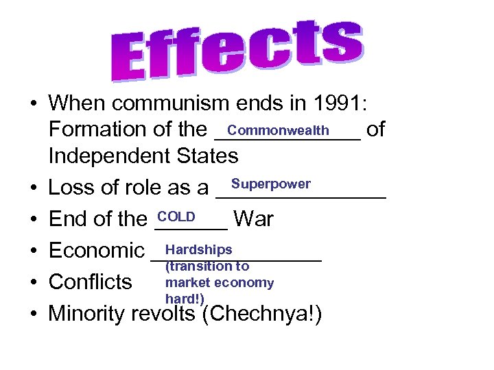 • When communism ends in 1991: Commonwealth Formation of the ______ of Independent