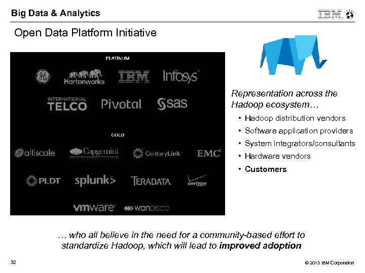 Big Data & Analytics Open Data Platform Initiative Representation across the Hadoop ecosystem… •