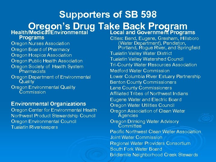 Supporters of SB 598 Oregon’s Drug Take Back Program Health/Medical/Environmental Local and Government Programs