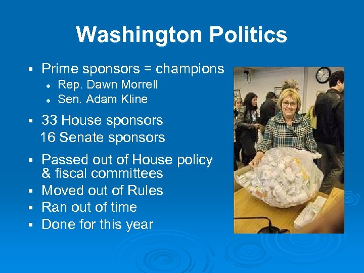Washington Politics § Prime sponsors = champions l l Rep. Dawn Morrell Sen. Adam