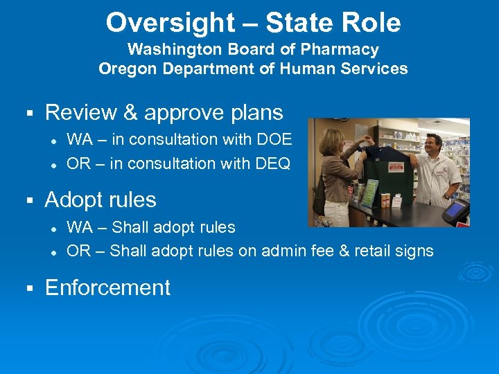 Oversight – State Role Washington Board of Pharmacy Oregon Department of Human Services §