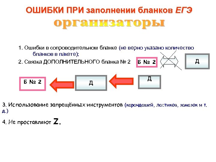 ОШИБКИ ПРИ заполнении бланков ЕГЭ 1. Ошибки в сопроводительном бланке (не верно указано количество