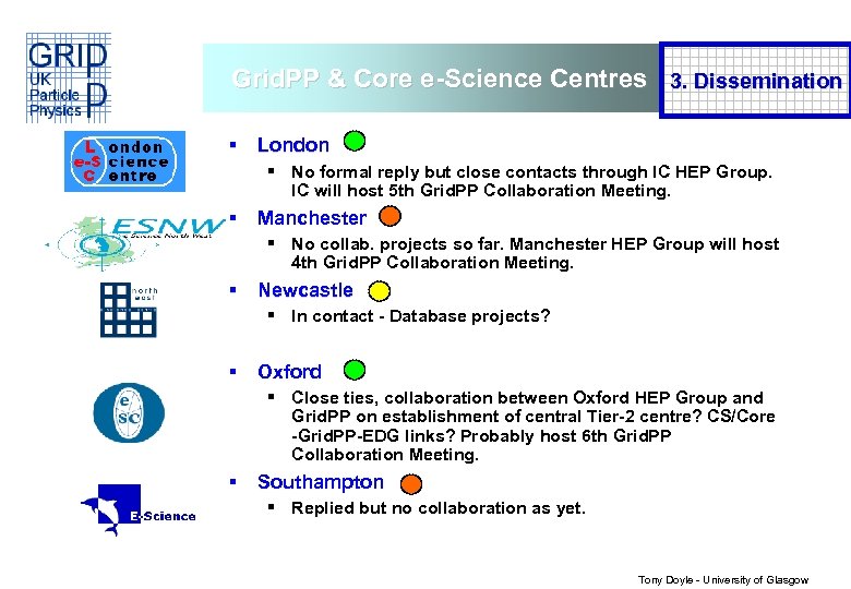 Grid. PP & Core e-Science Centres 3. Dissemination § London § No formal reply