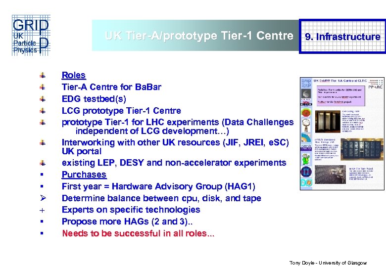 UK Tier-A/prototype Tier-1 Centre 9. Infrastructure § § Ø + § § Roles Tier-A