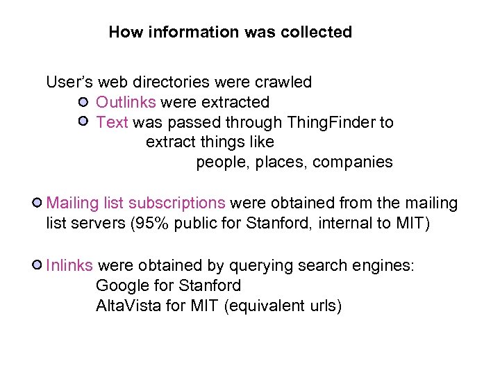 How information was collected User’s web directories were crawled Outlinks were extracted Text was