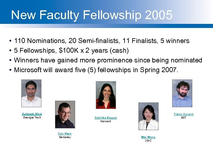 New Faculty Fellowship 2005 • • 110 Nominations, 20 Semi-finalists, 11 Finalists, 5 winners