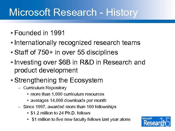 Microsoft Research - History • Founded in 1991 • Internationally recognized research teams •
