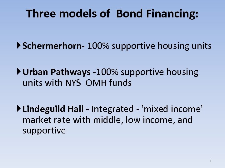 Three models of Bond Financing: Schermerhorn- 100% supportive housing units Urban Pathways -100% supportive