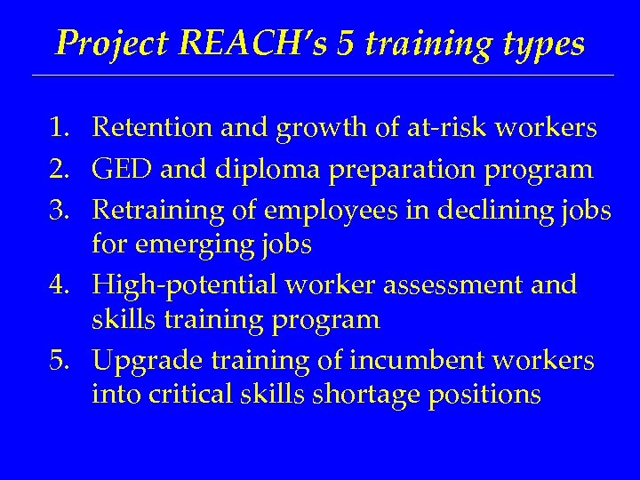 Project REACH’s 5 training types 1. Retention and growth of at-risk workers 2. GED