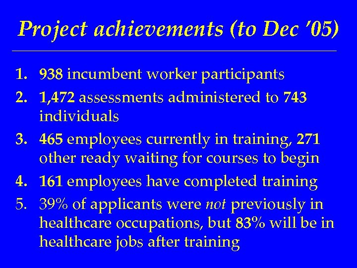 Project achievements (to Dec ’ 05) 1. 938 incumbent worker participants 2. 1, 472