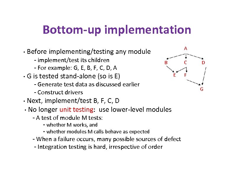 Bottom-up implementation • - implement/test its children - For example: G, E, B, F,