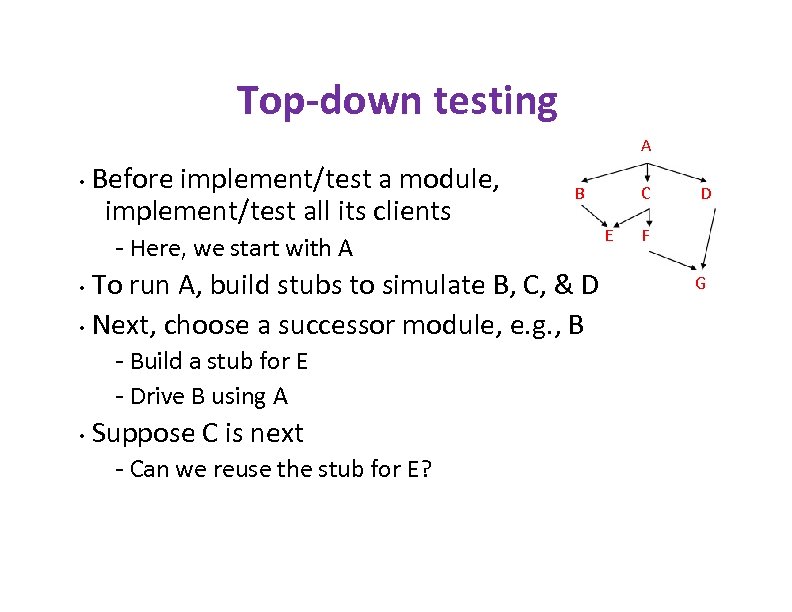 Top-down testing A • Before implement/test a module, implement/test all its clients B -