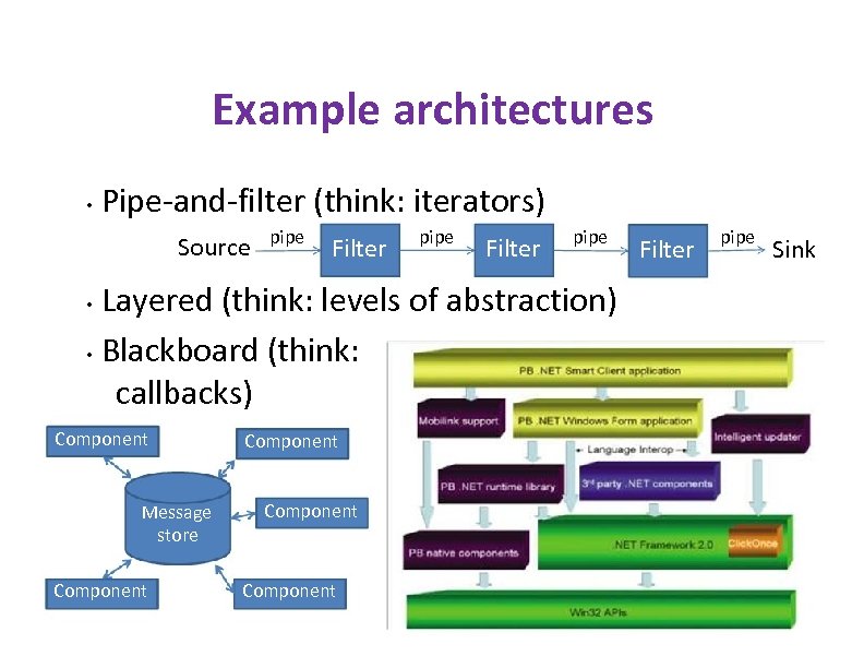 Example architectures • Pipe-and-filter (think: iterators) Source pipe Filter pipe Layered (think: levels of