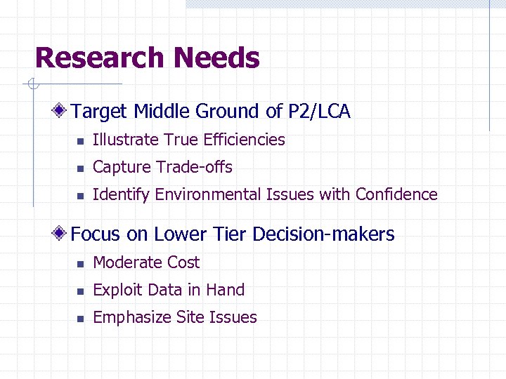 Research Needs Target Middle Ground of P 2/LCA n Illustrate True Efficiencies n Capture