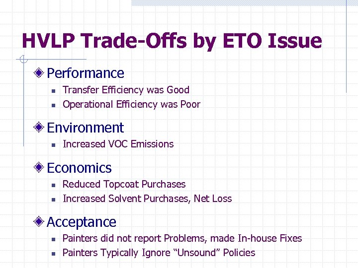 HVLP Trade-Offs by ETO Issue Performance n n Transfer Efficiency was Good Operational Efficiency