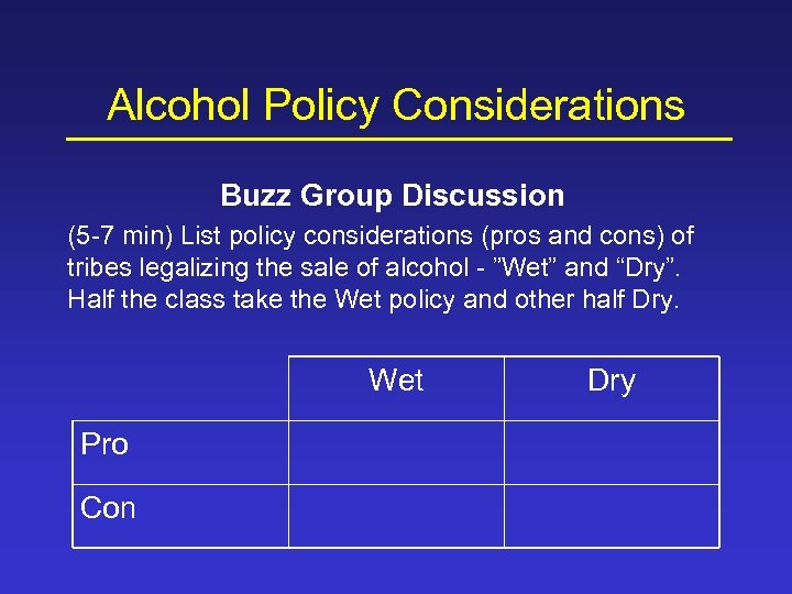 Alcohol Policy Considerations Buzz Group Discussion (5 -7 min) List policy considerations (pros and