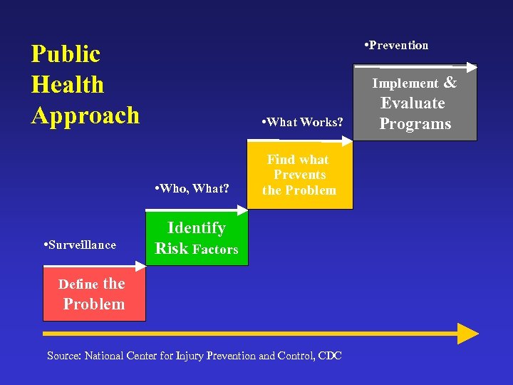  • Prevention Public Health Approach • What Works? • Who, What? • Surveillance