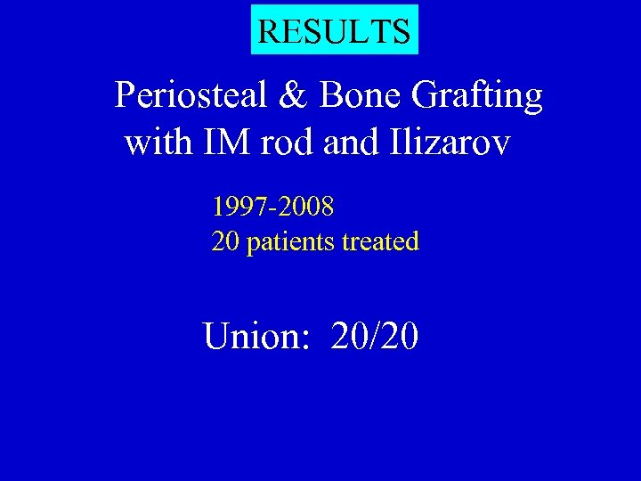 RESULTS Periosteal & Bone Grafting with IM rod and Ilizarov 1997 -2008 20 patients