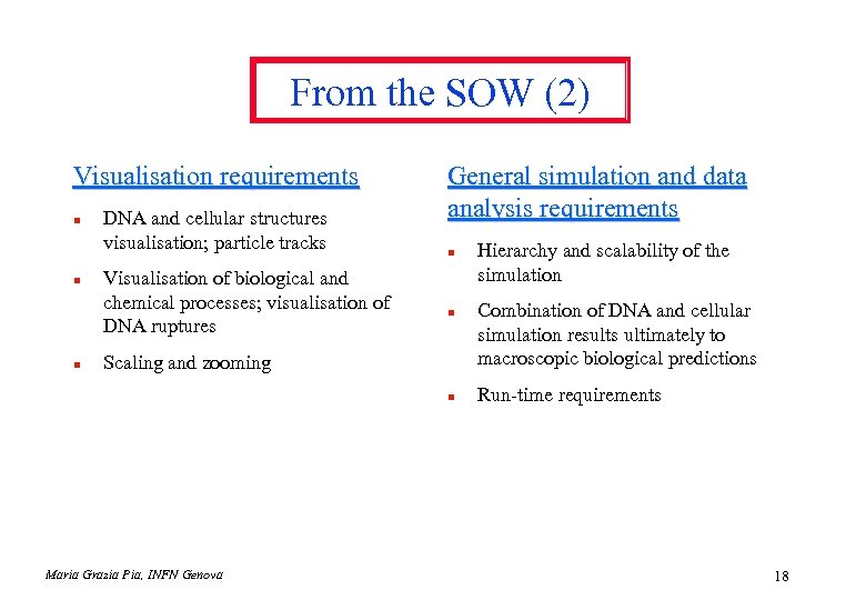 From the SOW (2) Visualisation requirements n n n DNA and cellular structures visualisation;