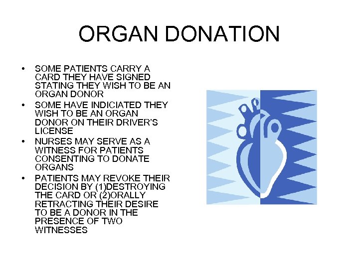 ORGAN DONATION • • SOME PATIENTS CARRY A CARD THEY HAVE SIGNED STATING THEY