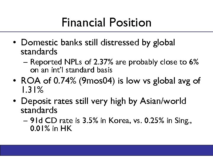 Financial Position • Domestic banks still distressed by global standards – Reported NPLs of