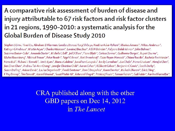 CRA published along with the other GBD papers on Dec 14, 2012 in The