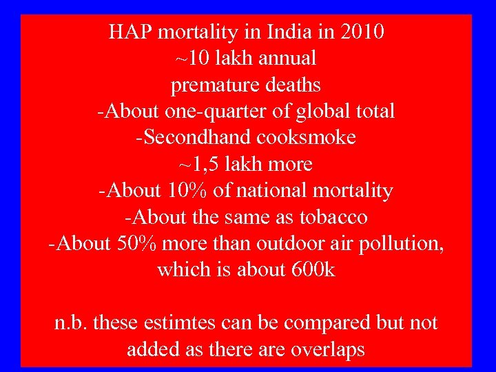 HAP mortality in India in 2010 ~10 lakh annual premature deaths -About one-quarter of