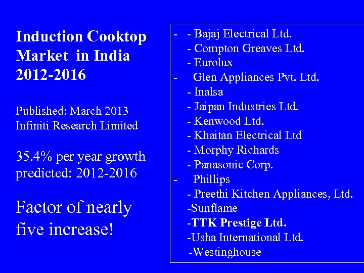 Induction Cooktop Market in India 2012 -2016 Published: March 2013 Infiniti Research Limited 35.