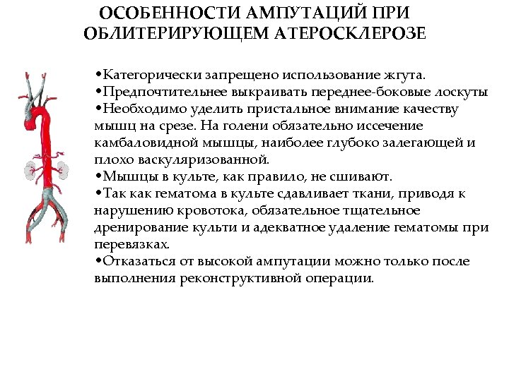 ОСОБЕННОСТИ АМПУТАЦИЙ ПРИ ОБЛИТЕРИРУЮЩЕМ АТЕРОСКЛЕРОЗЕ • Категорически запрещено использование жгута. • Предпочтительнее выкраивать переднее-боковые