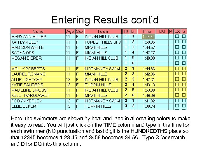 Entering Results cont’d Here, the swimmers are shown by heat and lane in alternating