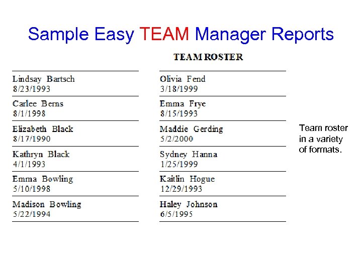 Sample Easy TEAM Manager Reports Team roster in a variety of formats. 