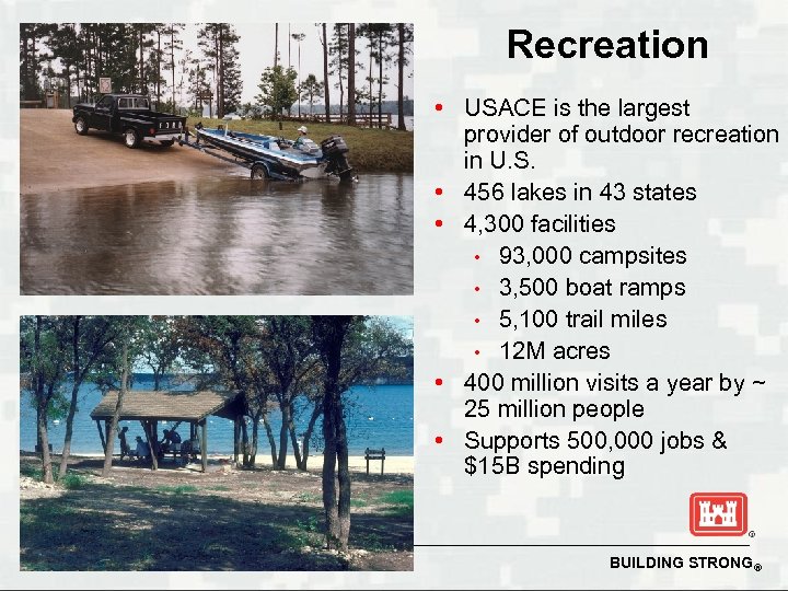 Recreation • USACE is the largest provider of outdoor recreation in U. S. •