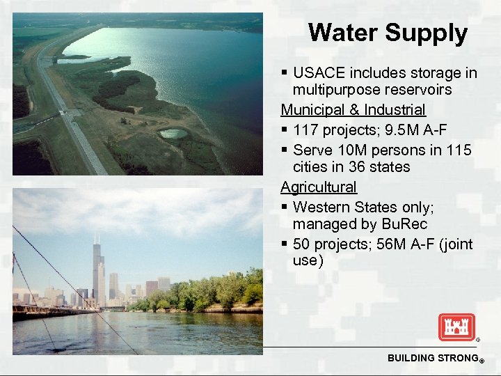 Water Supply § USACE includes storage in multipurpose reservoirs Municipal & Industrial § 117