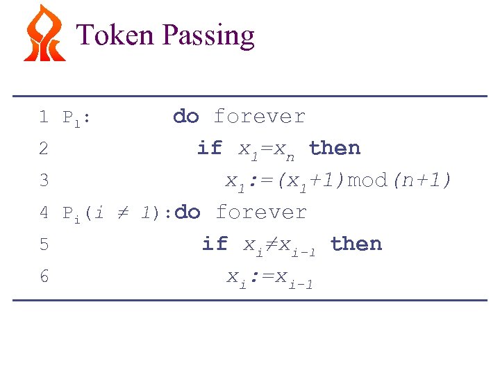 Token Passing do forever if x 1=xn then x 1: =(x 1+1)mod(n+1) Pi(i ≠