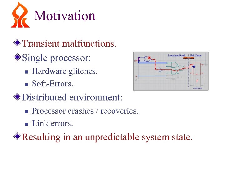Motivation Transient malfunctions. Single processor: n n Hardware glitches. Soft-Errors. Distributed environment: n n