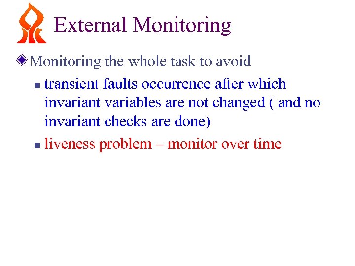 External Monitoring the whole task to avoid n transient faults occurrence after which invariant