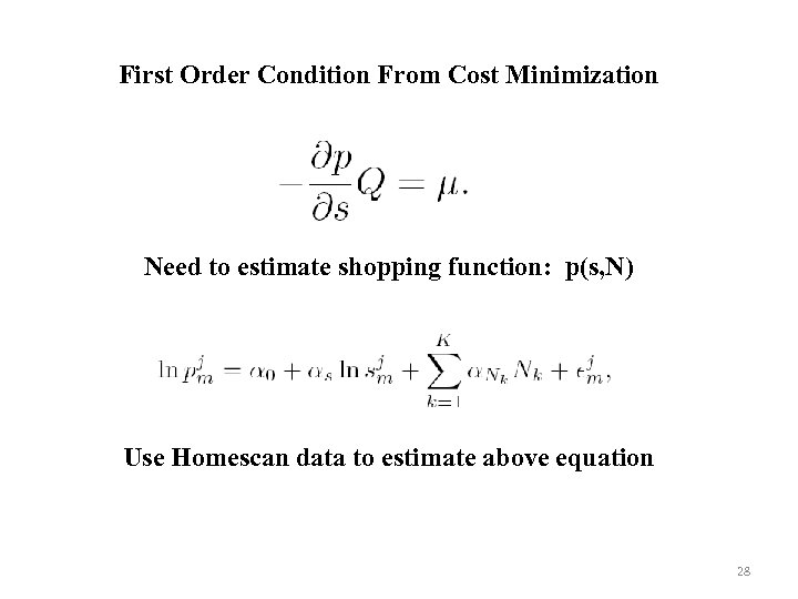 First Order Condition From Cost Minimization Need to estimate shopping function: p(s, N) Use