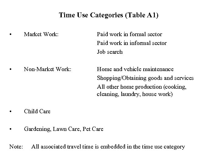 Time Use Categories (Table A 1) • Market Work: Paid work in formal sector