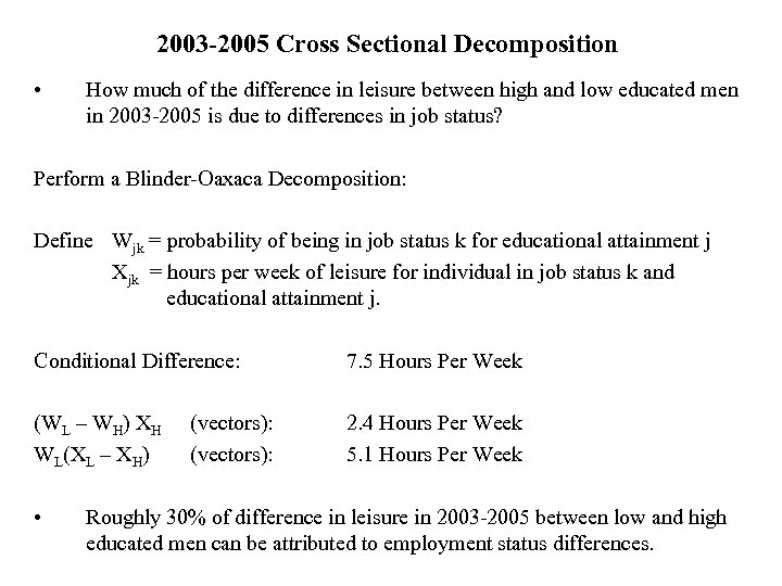 2003 -2005 Cross Sectional Decomposition • How much of the difference in leisure between