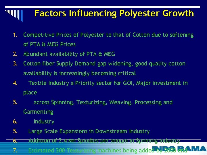 Factors Influencing Polyester Growth 1. Competitive Prices of Polyester to that of Cotton due